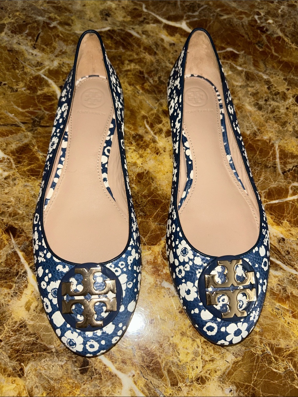 Tory Burch Navy and White Floral Logo Ballet Flats, size 8.5